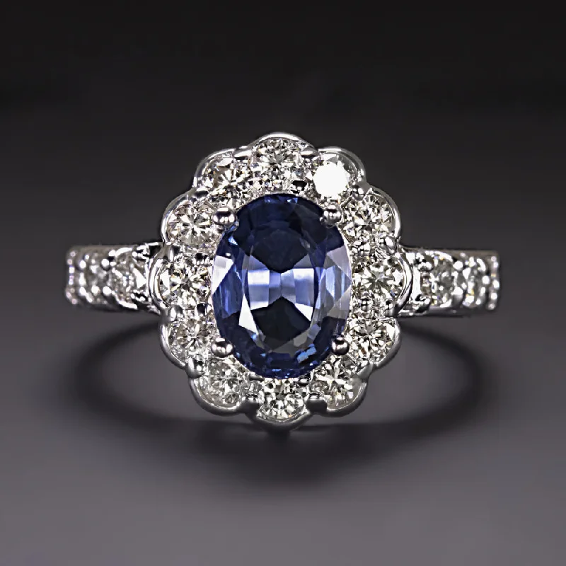 engagement rings for women -2.55c SAPPHIRE DIAMOND COCKTAIL RING GIA CERTIFIED SCALLOPED HALO 14k WHITE GOLD