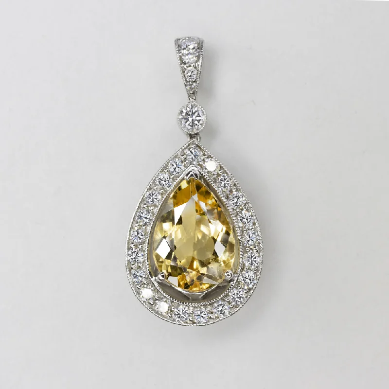 women’s engagement rings -CITRINE DIAMOND PENDANT 18k WHITE GOLD PEAR CUT TEARDROP SHAPE YELLOW NECKLACE