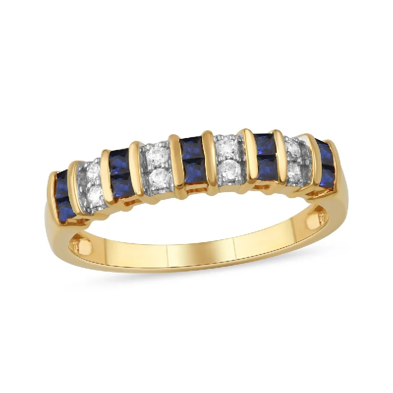 women’s rose gold halo engagement rings -Blue Sapphire Gemstone 1/10ct Diamond Band in 10k Gold by De Couer