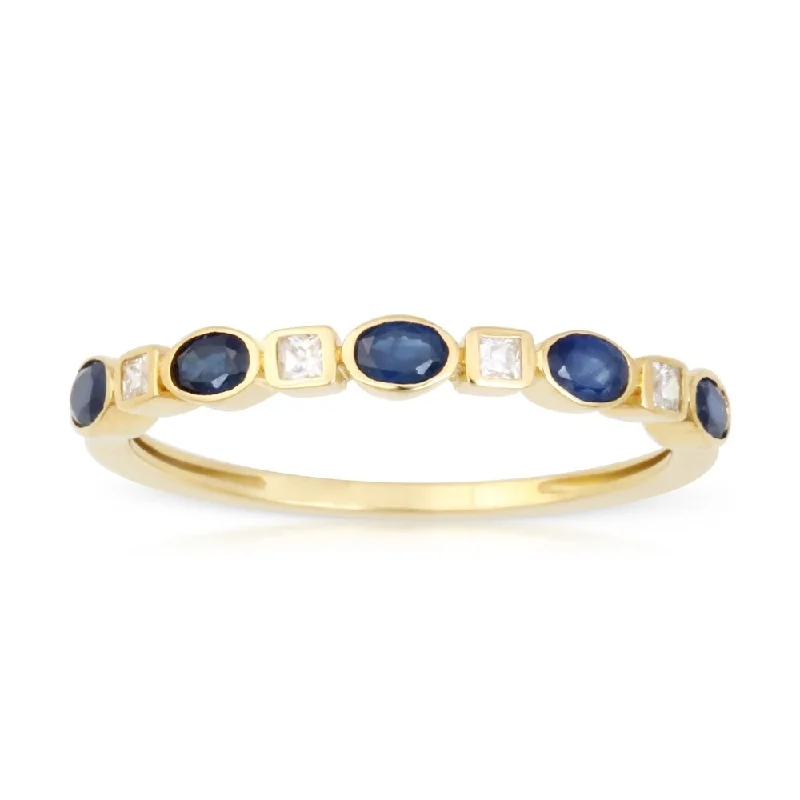 women’s affordable vintage engagement rings -Oval Shape Sapphire Gemstone 1/10ct TDW Diamond Band in 10k Yellow Gold