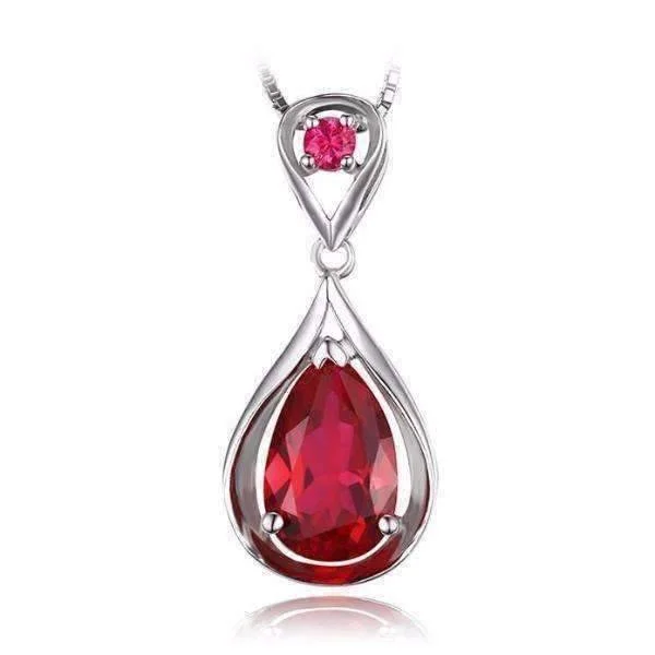 personalized necklaces for women -Gala 3.8CT Pear Drop Simulated Pigeon Blood Ruby IOBI Precious Gems 925 Sterling Silver Pendant