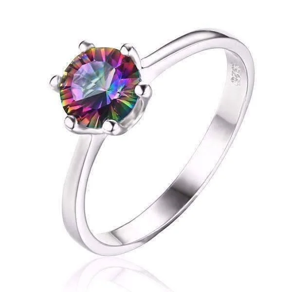 women’s statement necklaces -Rainbow Fire Genuine Mystic Topaz Round Cut 1.4CT IOBI Precious Gems Solitaire Ring