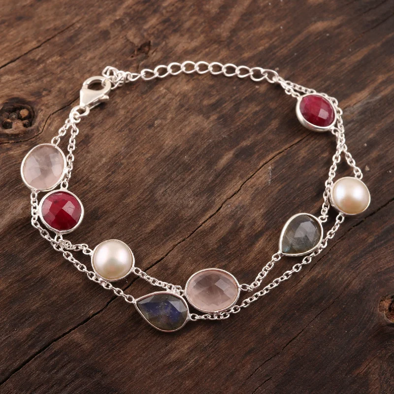 women’s bangles set -Glamorous Glisten Multi-Gemstone Station Strand Bracelet from India