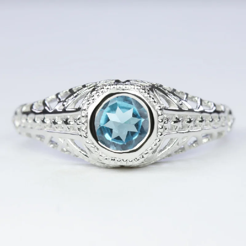 women’s adjustable gemstone rings -SWISS BLUE TOPAZ STERLING SILVER RING VINTAGE STYLE FILIGREE SOLITAIRE GEMSTONE