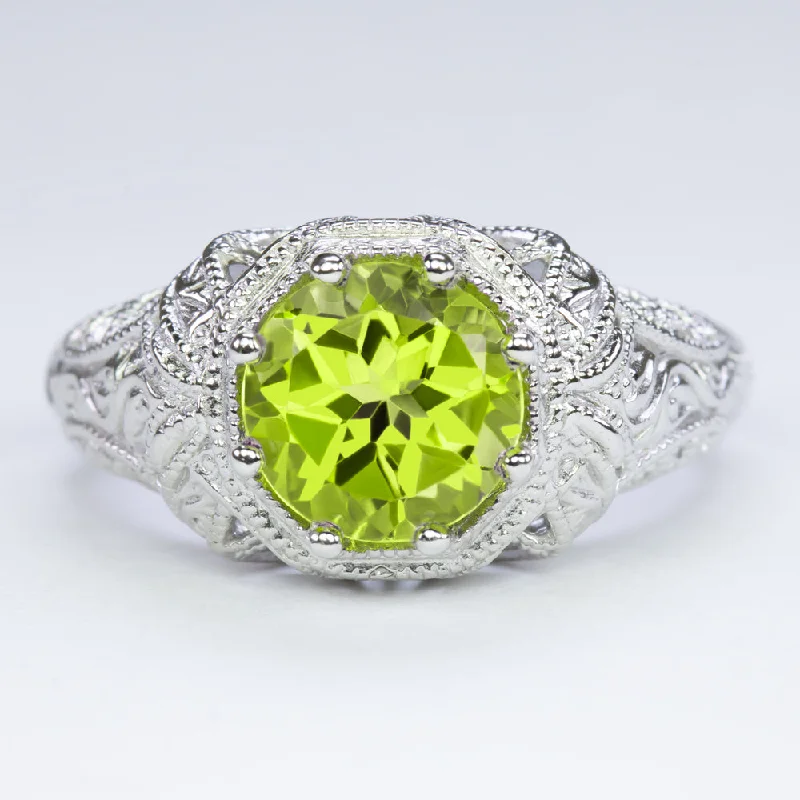 women’s wedding ring sets -PERIDOT VINTAGE STYLE COCKTAIL RING STERLING SILVER FILIGREE DECO ROUND GREEN