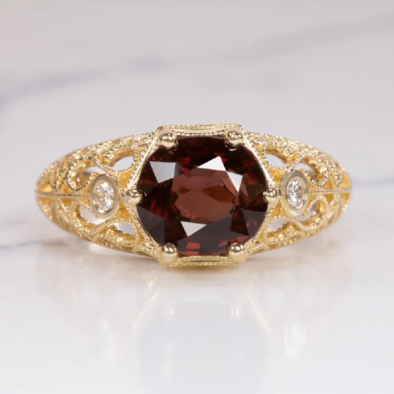 luxury solitaire rings for women -RED SPINEL DIAMOND COCKTAIL RING VINTAGE STYLE YELLOW GOLD FILIGREE ROUND CUT