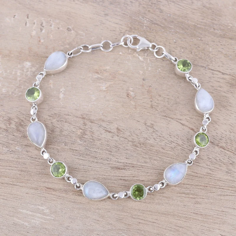 women’s gold-plated bangles -Misty Forest Sterling Silver Rainbow Moonstone and Peridot Link Bracelet