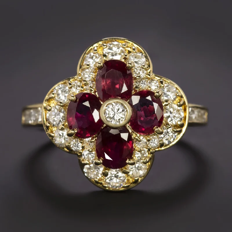 women’s designer gold rings -2.51ct RUBY DIAMOND COCKTAIL RING 18k YELLOW GOLD CLOVER SHAPE CLUSTER NATURAL