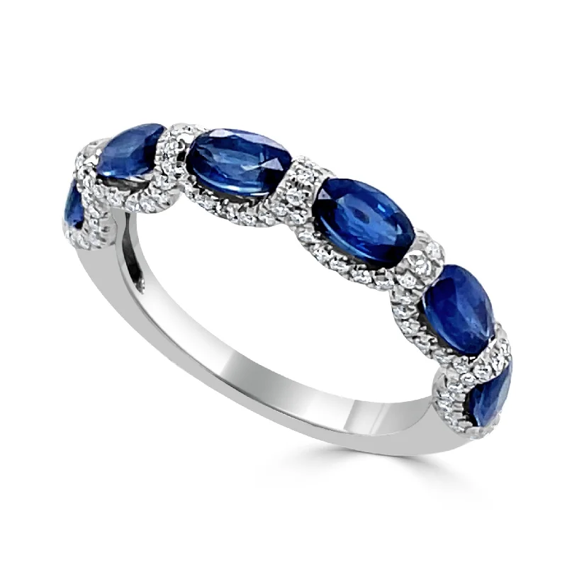 women’s split shank engagement rings -Joelle Oval Sapphire & Diamond Band - 14K White Gold Size 6.5