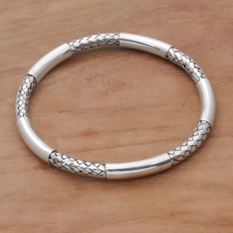 silver chain bracelets for women -Bali Show Sterling Silver Woven Motif Bangle Bracelet by Bali Artisans