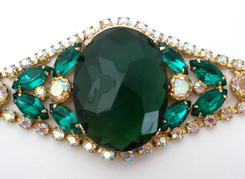 casual bracelets for women -Vintage Emerald Green Rhinestone Bracelet Aurora Borealis Wide