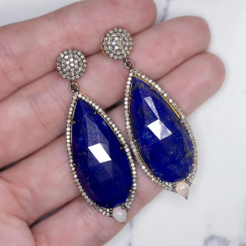 women’s rings with diamonds -NATURAL LAPIS DIAMOND EARRINGS STATEMENT DROP DANGLE PEAR TEARDROP BLUE BIG LONG