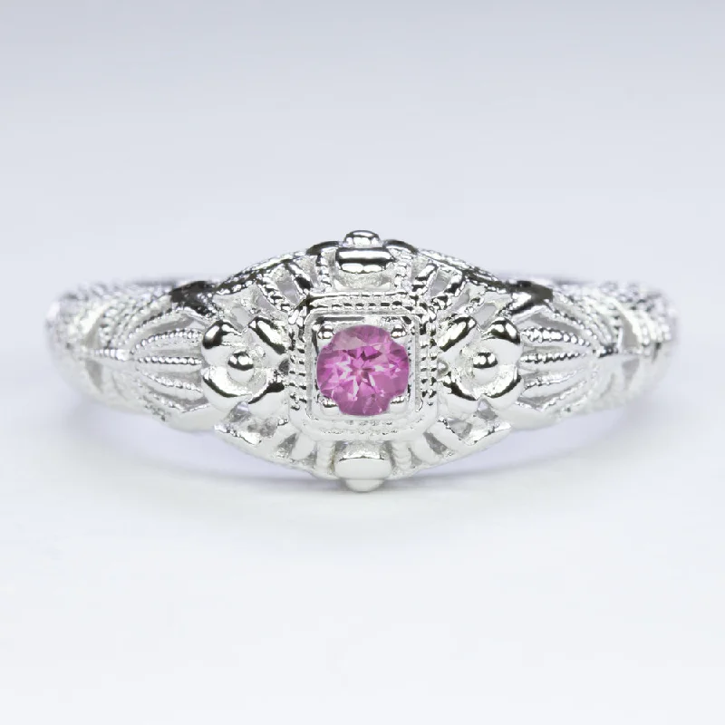 women’s promise rings -RHODOLITE GARNET VINTAGE STYLE COCKTAIL RING STERLING SILVER FILIGREE DAINTY