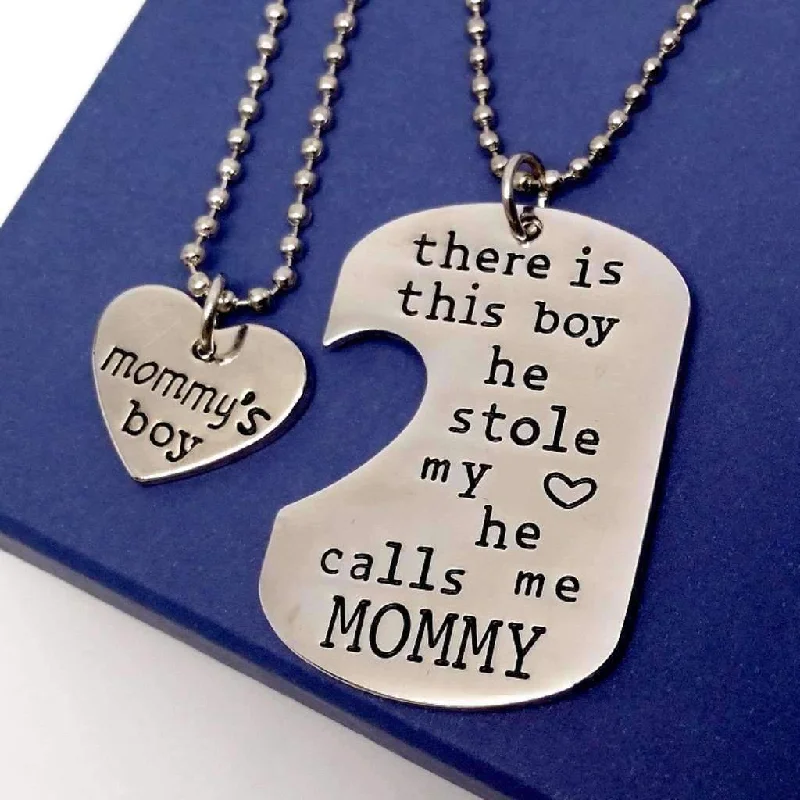 women’s solid gold necklaces -Mommy & Son Inspirational Heart Charm Dog Tag Necklace Set