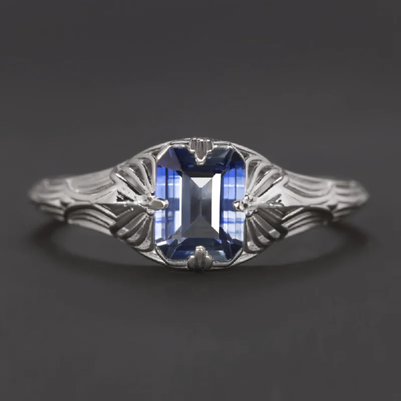 women’s gold gemstone rings -1.09ct BI COLOR SAPPHIRE SOLITAIRE RING 14k WHITE GOLD FILIGREE BLUE EMERALD CUT