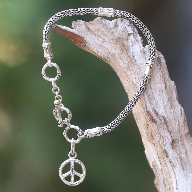 women’s bangles and bracelets -Peaceful Bamboo Artisan Crafted Sterling Silver Bracelet with Peace Charm