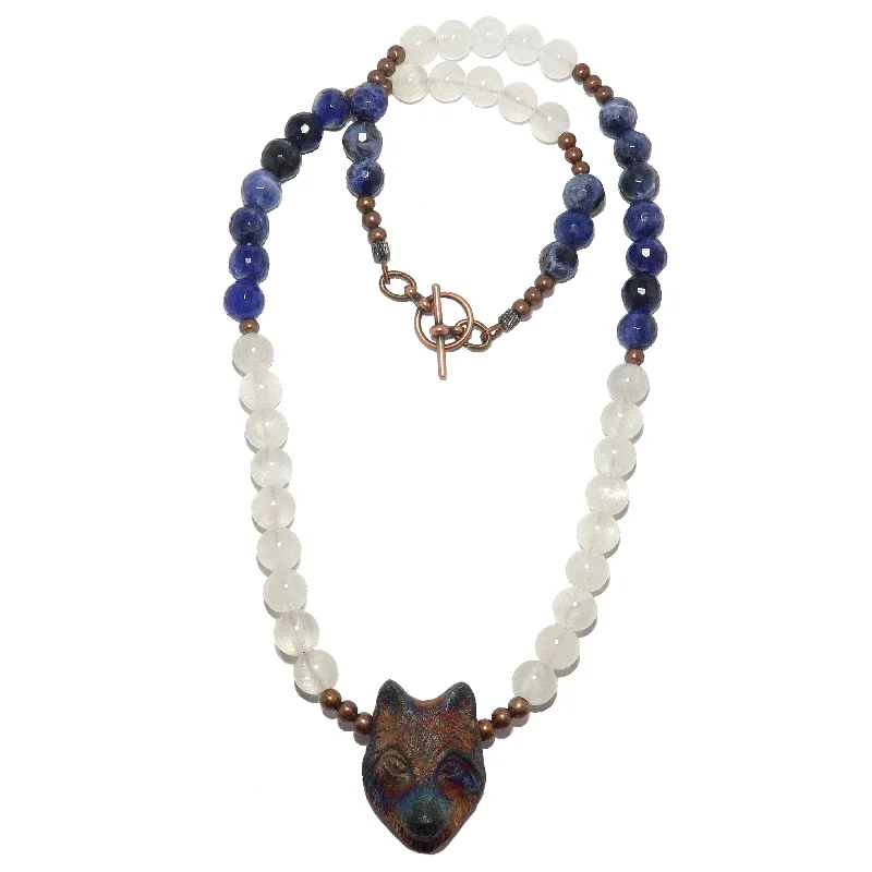 women’s heart-shaped necklaces -Selenite Necklace Moon Howling Wolf Raku Sodalite Stone