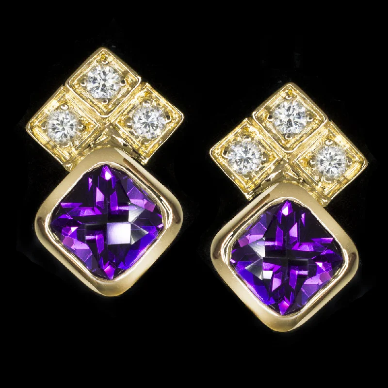 women’s engraved wedding rings -AMETHYST DIAMOND STUD EARRINGS ESTATE JEWELRY 14k YELLOW GOLD PURPLE CUSHION