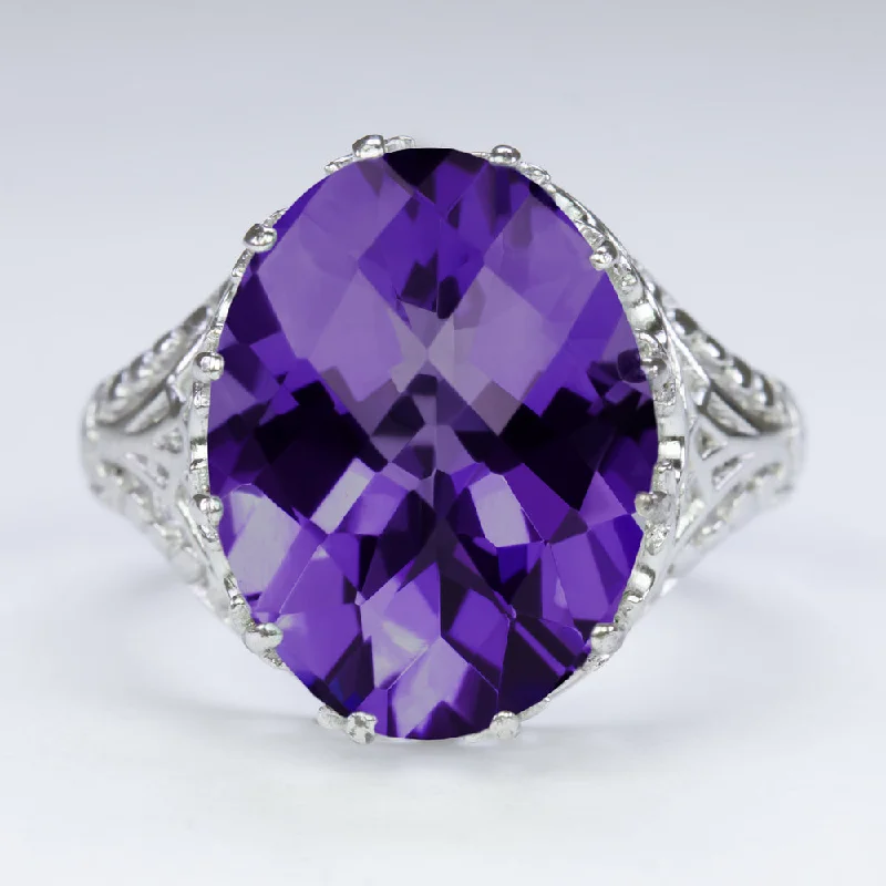 fashion rings for women -AMETHYST STERLING SILVER VINTAGE STYLE RING FILIGREE OVAL CUT SOLITAIRE PURPLE