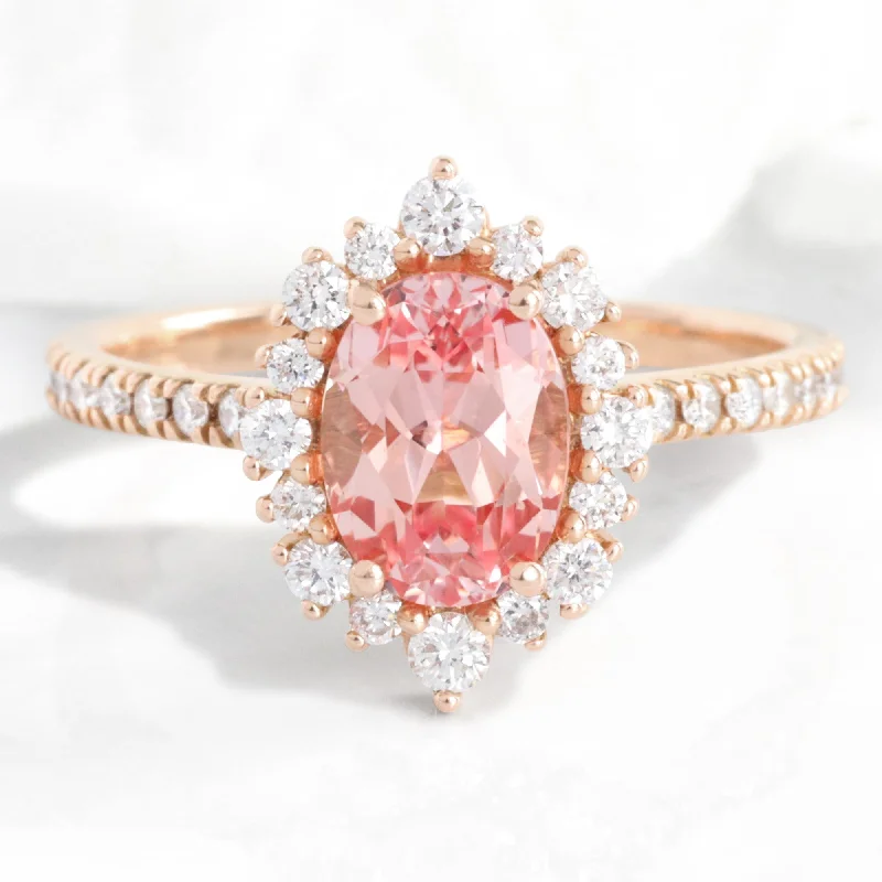 women’s platinum three-stone engagement rings -Oval Peach Sapphire Ring in 14k Rose Gold Tiara Halo Diamond Band Size 6.5