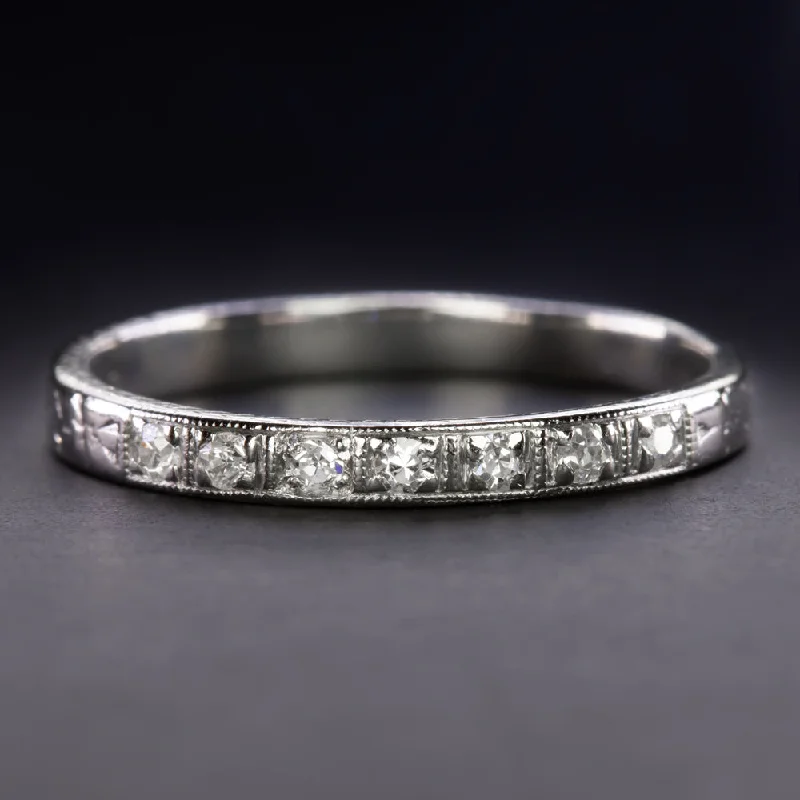 women’s unique rings -VINTAGE DIAMOND PLATINUM WEDDING RING STACKING BAND F VS ENGRAVED CHANNEL ESTATE