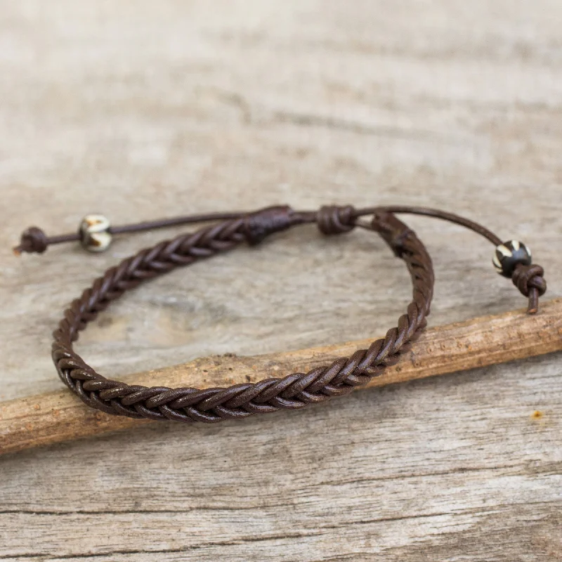 wedding bangles for women -Single Brown Braided Adjustable Men's Bracelet