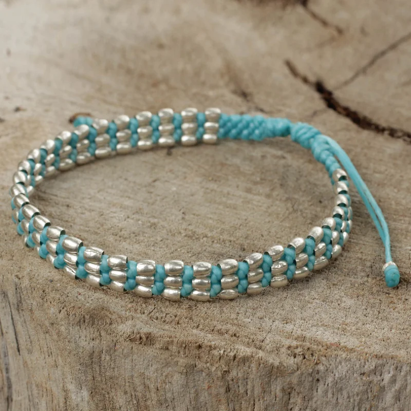 designer charm bracelets for women -Friendly Blue Light Blue Macrame Adjustable Bracelet with 950 Silver Beads