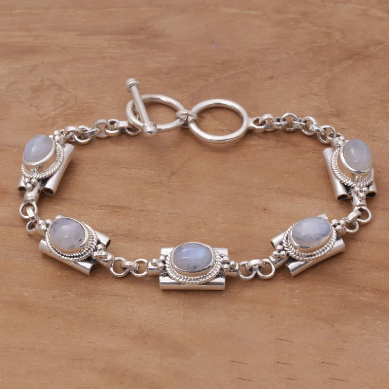 gold chain bracelets for women -Misty Domes Silver & Rainbow Moonstone Bracelet