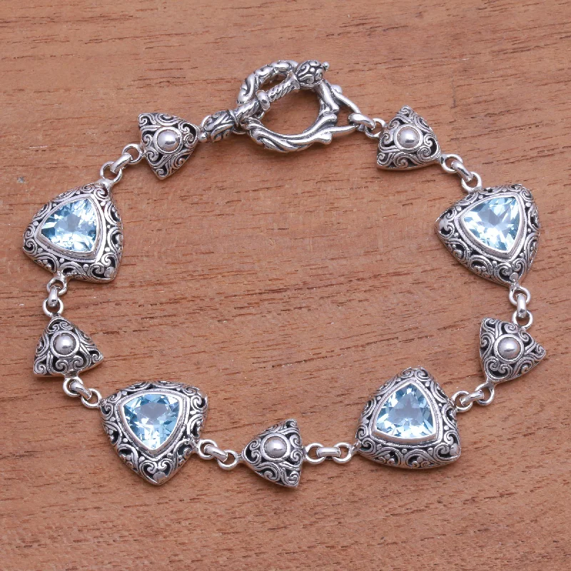 women’s friendship bracelets -Triangles of Swirls Triangular Blue Topaz Link Bracelet from Bali