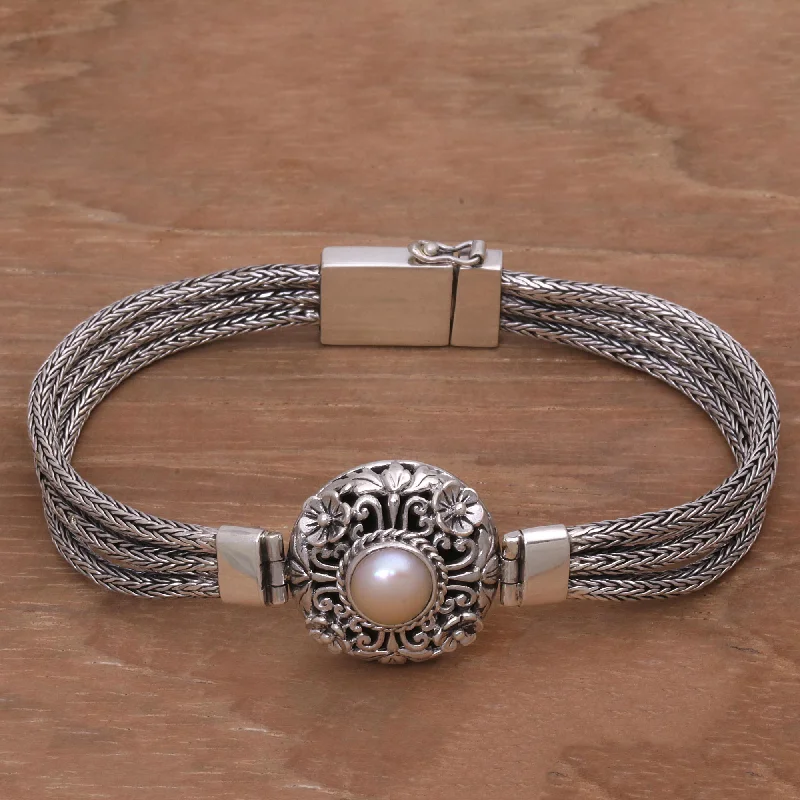 designer bangles for women -Floral Nobility Pearl & Silver Floral Pendant Bracelet