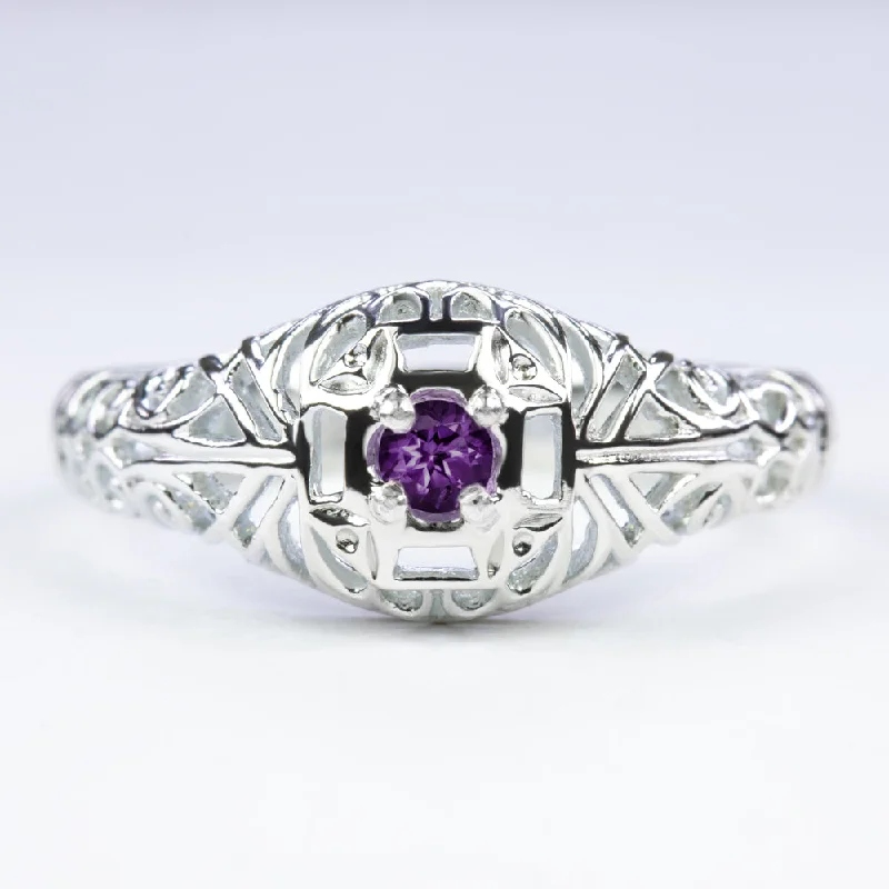 women’s large gemstone rings -AMETHYST VINTAGE STYLE COCKTAIL RING STERLING SILVER DAINTY FILIGREE ROUND CUT