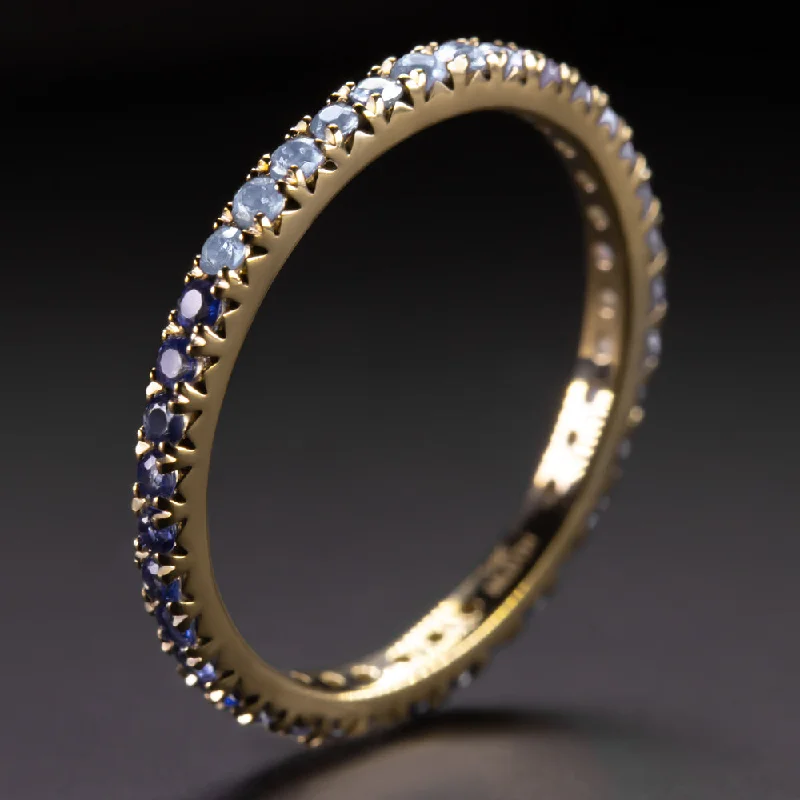 wedding rings with diamonds -LIGHT DARK BLUE SAPPHIRE 14K YELLOW GOLD ETERNITY RING STACKING HALF & HALF BAND