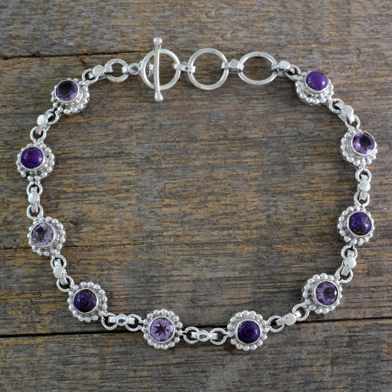 statement bangles for women -Petite Flowers Amethyst Sterling Silver and Composite Turquoise Bracelet