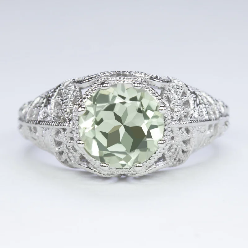 women’s rings with diamonds -GREEN AMETHYST VINTAGE STYLE SOLITAIRE RING STERLING SILVER FILIGREE ART DECO